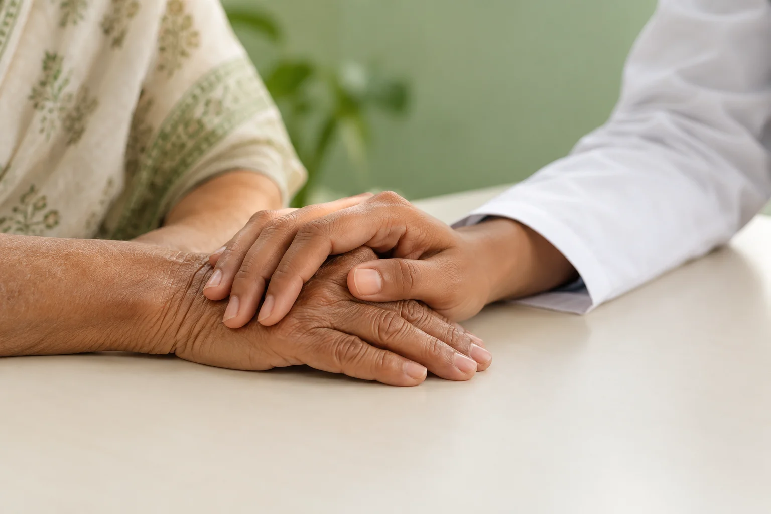 Illustrative photograph of a clinician offering a reassuring hand to a patient.
