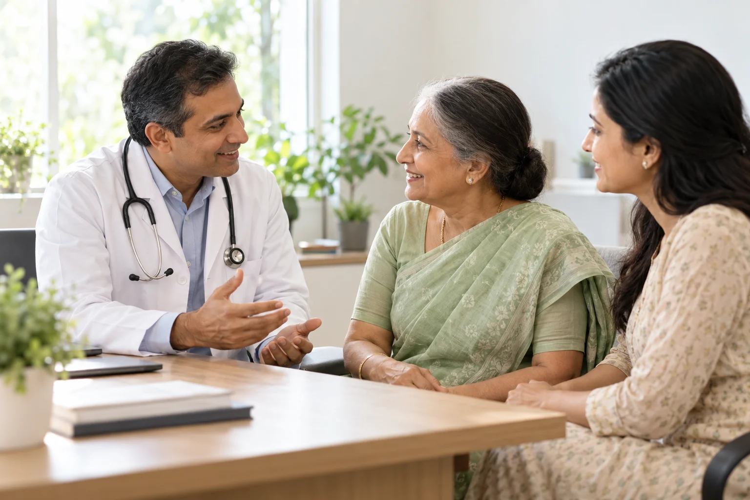 Illustrative consultation between a doctor and a family; not actual hospital staff or patients.