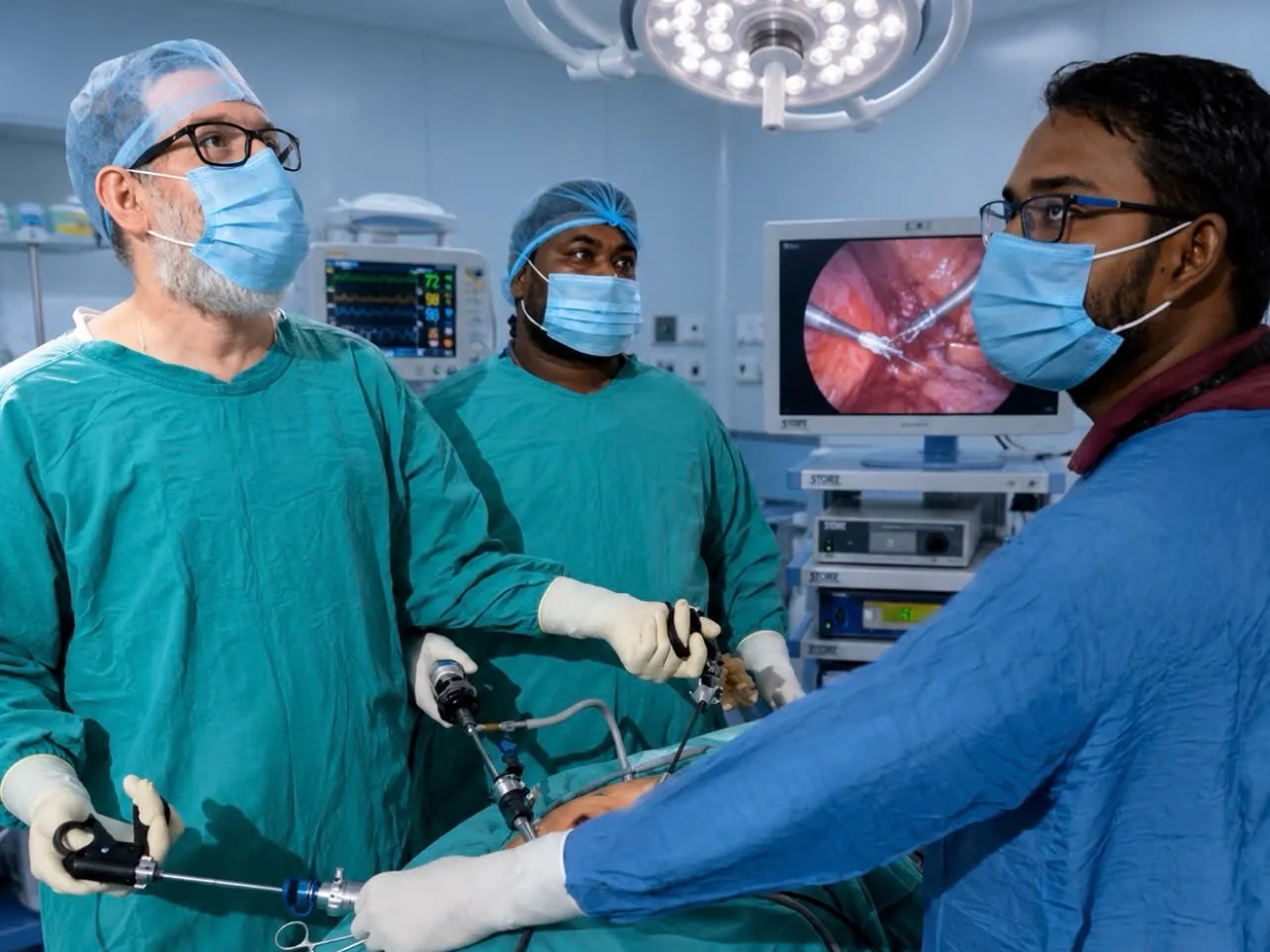 Dr. Jamshed performing keyhole (laparoscopic) surgery while watching the camera image on a monitor